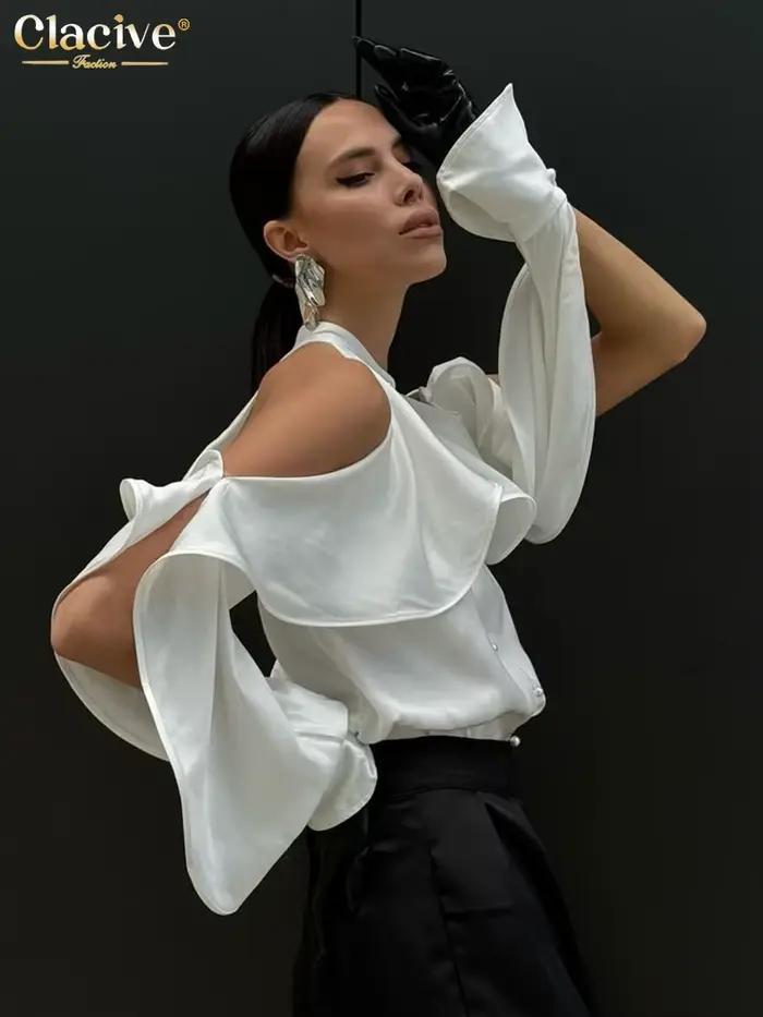 ClacMarkets-Chemise à manches longues à col rond pour femmes, haut à volants classique, vêtements fé