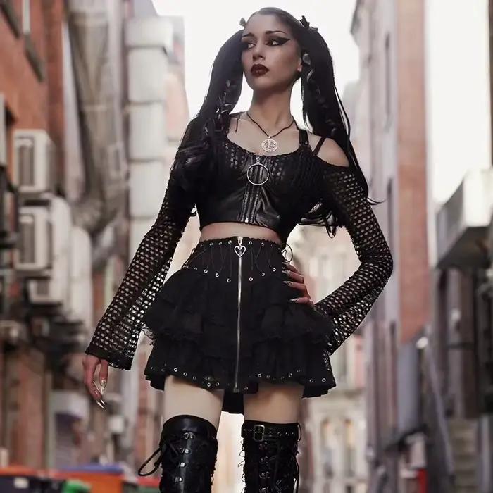 Jupe taille haute vintage punk pour femmes, fermeture éclair sur le devant, style japonais Kawaii, H