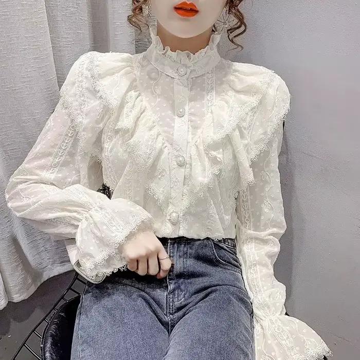 Manches longues lâche printemps mode bouton chemise blanche élégant col montant plissé hauts décontr