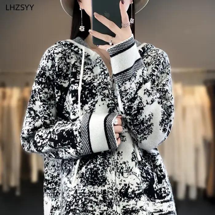LHZSYY-Pull à Capuche en Cachemire pour Femme, Cardigan Triblockchain avec Fermeture Éclair, Manteau