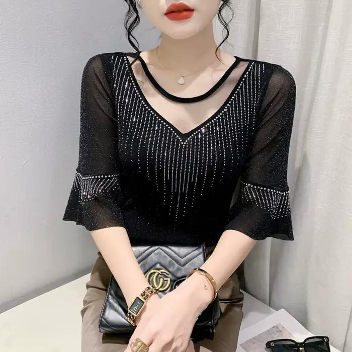Sexy Patchwork maille t-shirt mince 3/4 manches été femmes haut forage chaud décontracté brillant so
