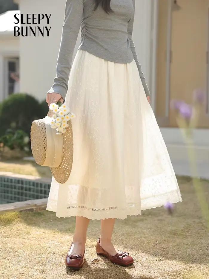 Jupe mi-longue trapèze blanche de Style français pour femmes, taille haute, fluide, Slim, élégante,