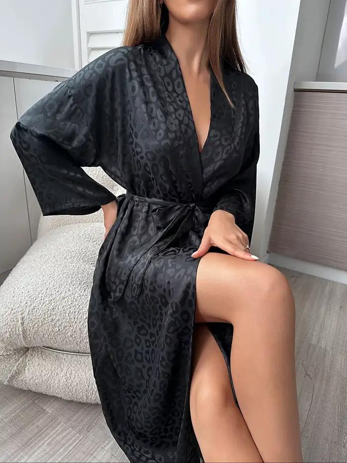 Robe de nuit imprimée léopard, manches longues, col en V, avec ceinture, vêtements de nuit pour femm