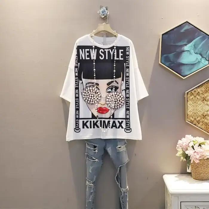100% coton T-Shirt femmes tendance mode perles T-Shirt coréen dessin animé à manches courtes hauts f