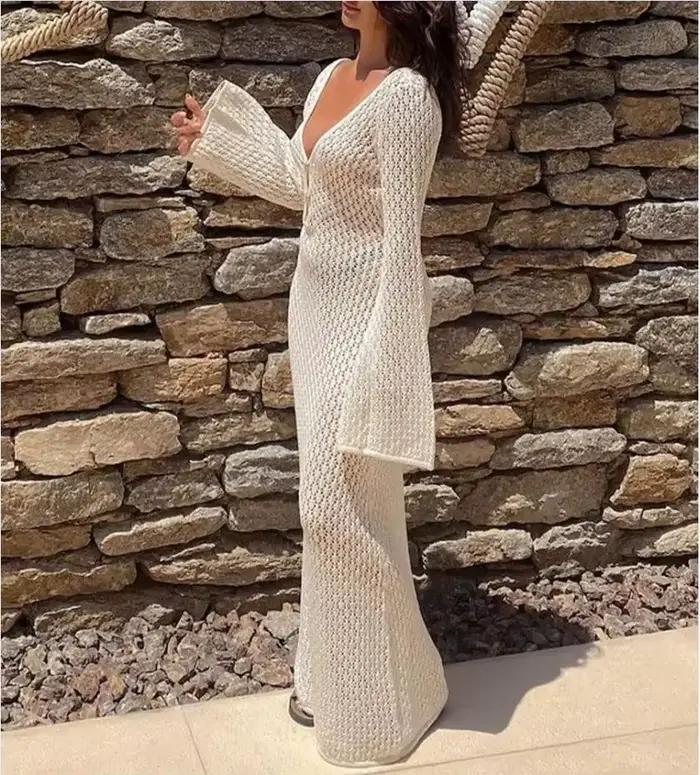 Robe de plage longue en tricot pour femmes, Sexy, ajourée, décolleté en v profond, manches longues,