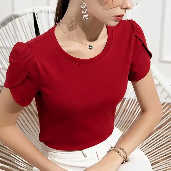 Femmes doux pétale à manches courtes coton T-shirts hauts dame O cou t-shirt pulls hauts pour les fi