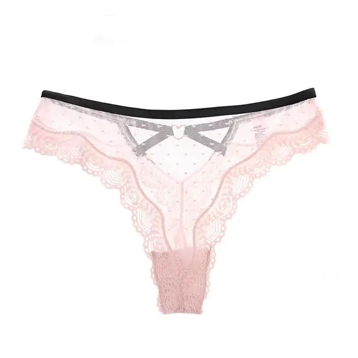 Culotte string taille basse en dentelle ajourée pour femme, motif à pois, en maille transparente