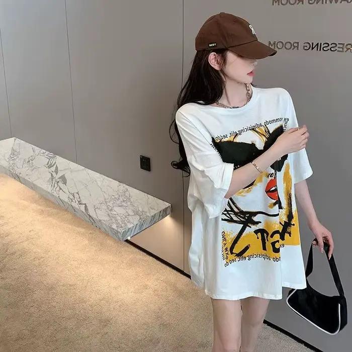100% coton T-Shirt femmes tendance mode perles T-Shirt coréen dessin animé à manches courtes hauts f