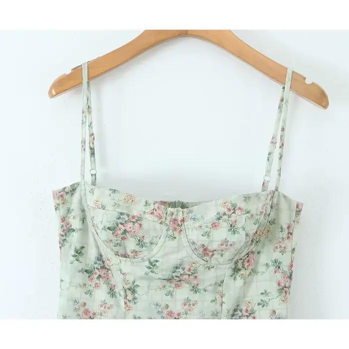 YENKYE vert imprimé fleuri Sexy bretelles Spaghetti Robe femmes taille basse a-ligne Midi vacances r