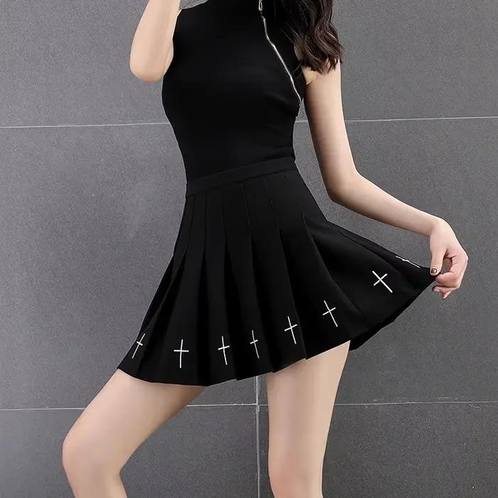 Mini jupes noires taille haute Punk plissée, Vintage, gothique, Streetwear, imprimé croisé, jupes pl