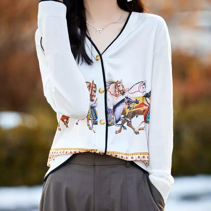 Cardigan imprimé à col en v pour femmes, 100% laine, couture de soie, pull, nouveau, décontracté, tr