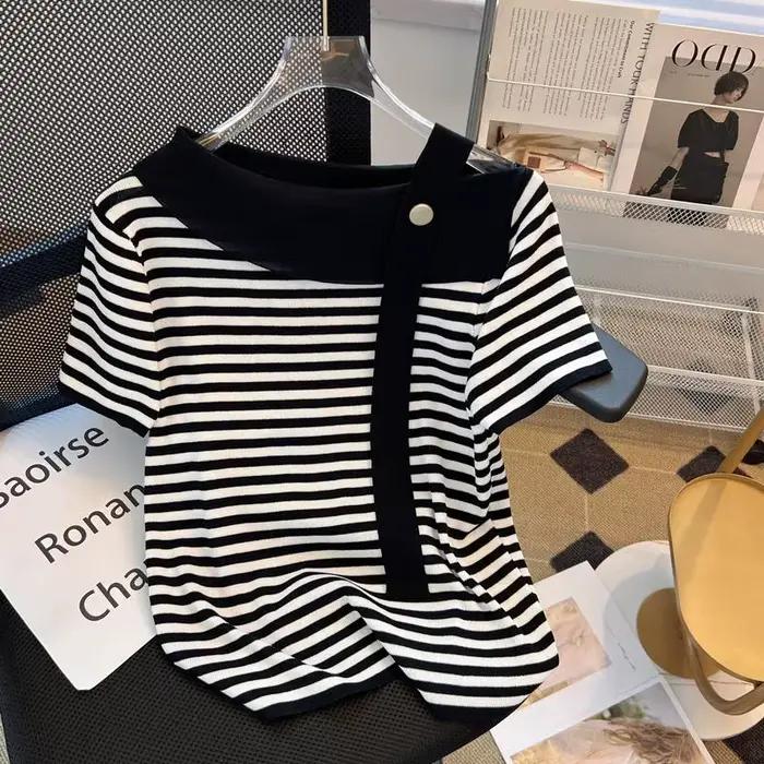 Été Sexy pull femmes tricot t-shirts hauts mode rayé élégant Chic t-shirts pull à manches courtes pu