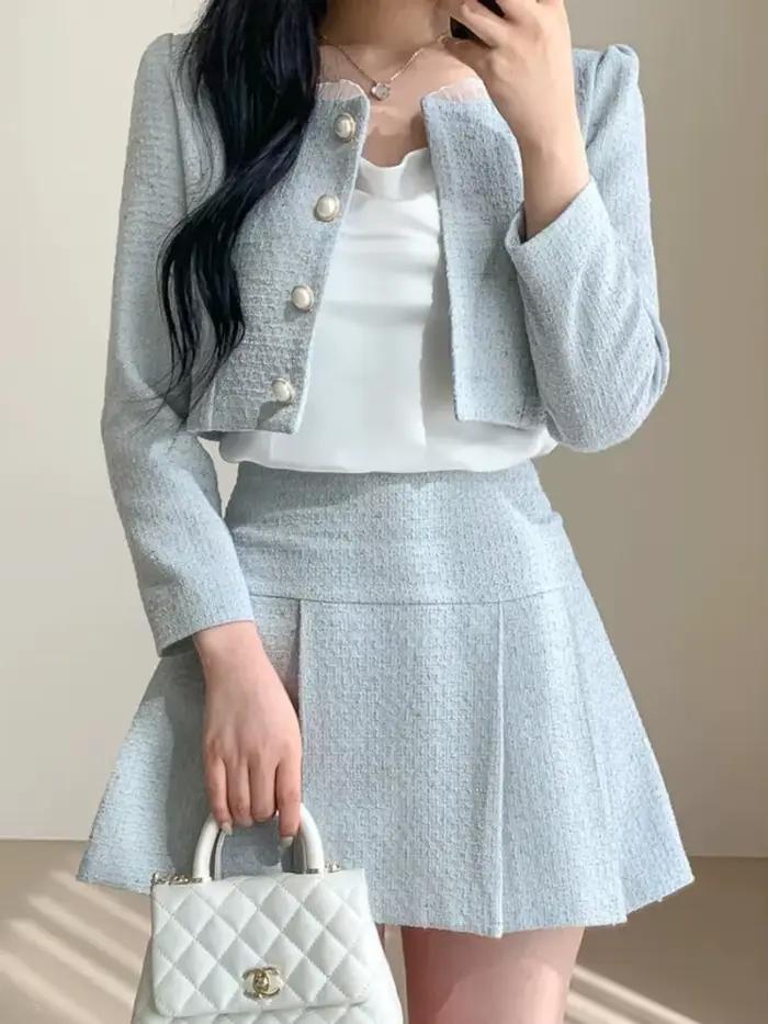 Ensemble deux pièces parfumé pour femme, veste courte, manteau et jupe, châssis, petite tenue, haute
