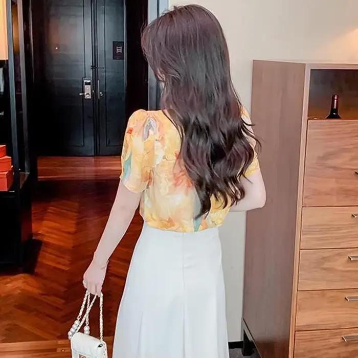 Chemisiers d'été en mousseline pour femmes 2026 – Blouses élégantes à imprimé floral, style coréen v