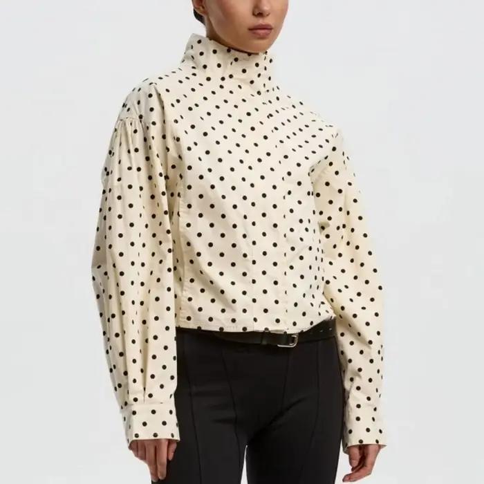 Veste bomber élégante vintage à pois surdimensionnée pour femmes, manches bouffantes, fermeture écla