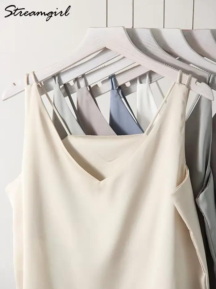 Streamgirl-Camisole en satin pour femmes, avec bretelles, blanc, élégant, sexy, débardeur, été