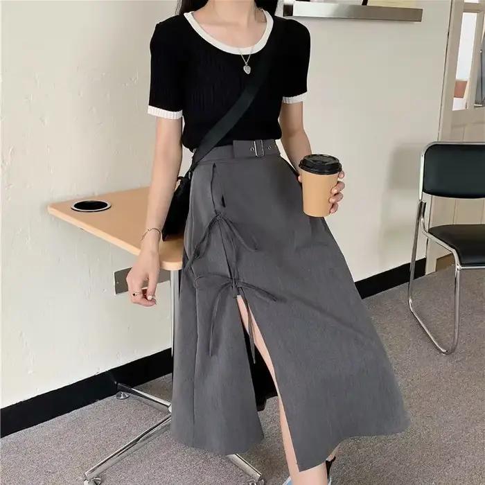 Jupes mi-mollet à fente haute gothique foncé vintage pour femmes, mode élégante, fête, club, taille