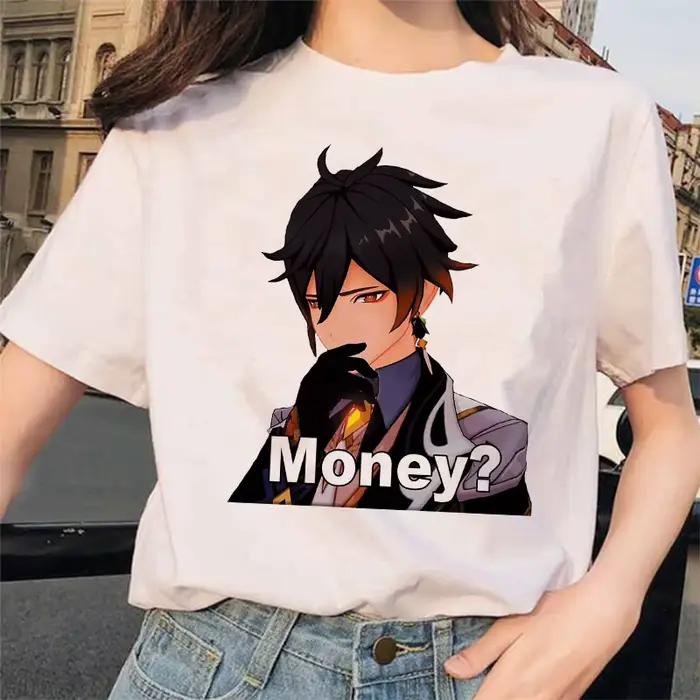 Genshin – t-shirt à imprimé de dessin animé pour femme, 100% coton, manches courtes, col rond, Haraj
