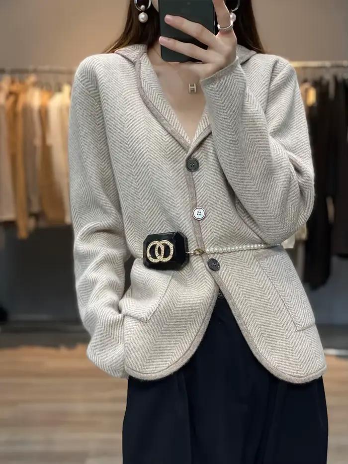Automne hiver femmes pur cachemire laine costume manteau pull décontracté tricoté col sur mesure Car