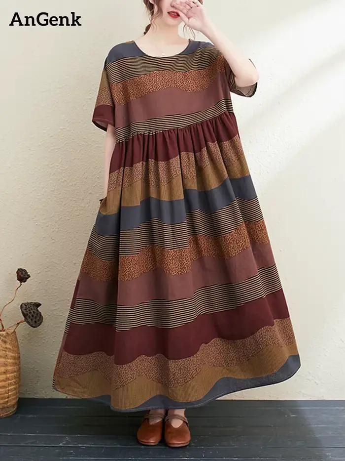 Nouvelle Robe Longue d'Été 2026 en Coton et Lin à Manches Courtes, Imprimé Rayé Vintage, Élégante po