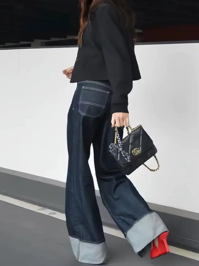 Pantalon en Denim taille haute pour femme, jambes larges + manches longues avec poches à rabat, mant