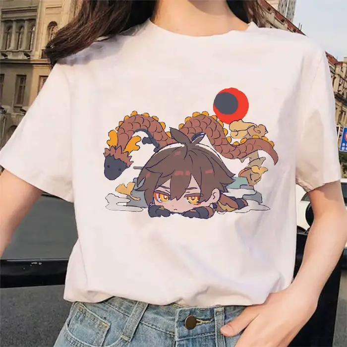 Genshin – t-shirt à imprimé de dessin animé pour femme, 100% coton, manches courtes, col rond, Haraj