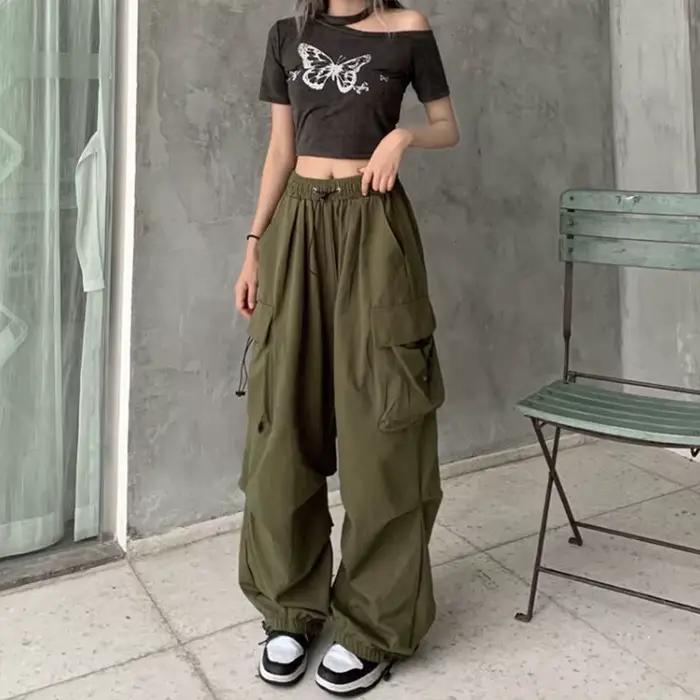Pantalon Cargo Baggy décontracté pour femmes, couleur unie, taille basse, jogging, Tech, cordon de s
