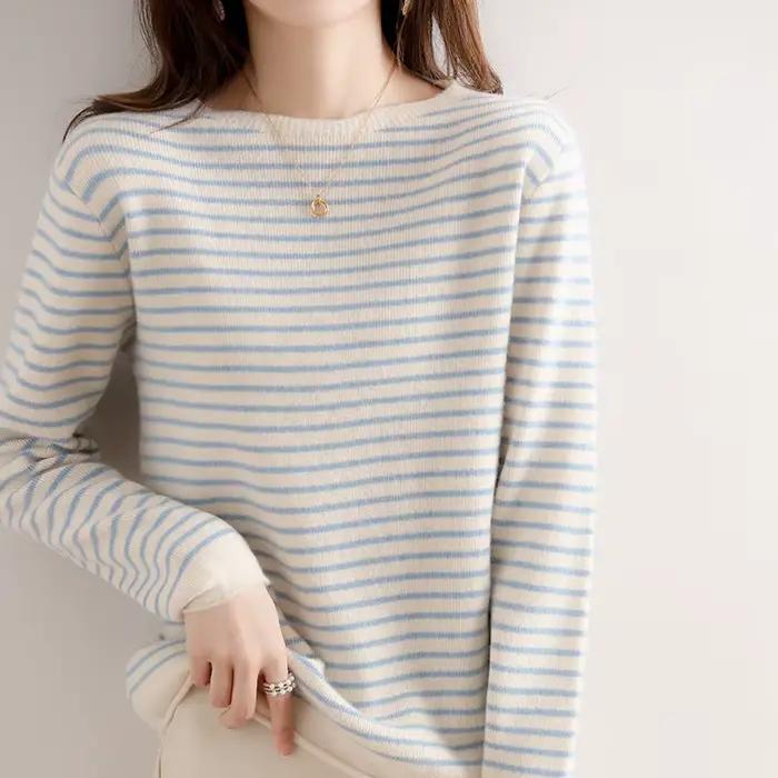 Pull décontracté à manches longues pour femmes, pulls rayés à col rond, pull basique, tricots chauds