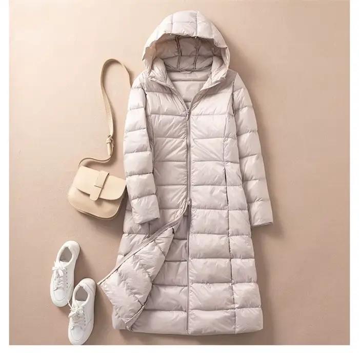 Parka longue à capuche en duvet de canard blanc pour femme, manteau chaud et léger, veste coupe-vent
