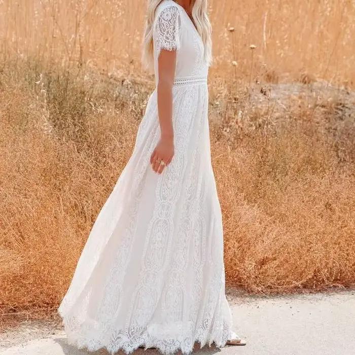 Robe en dentelle taille haute à col en V pour femmes, robes de soirée élégantes, longue robe de plag
