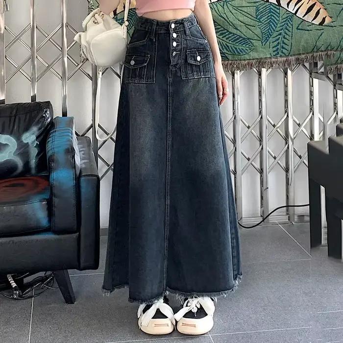 S-5XL Nouveau Vêtement de rue Jupe en jean Printemps Été Mode Ourlet effiloché Poche Taille haute Lo