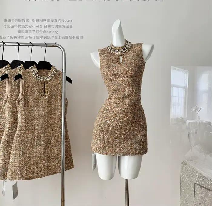 Mini robe de luxe en Tweed pour jeunes filles, couleur Vintage, douce, diamants, sans manches, tissa