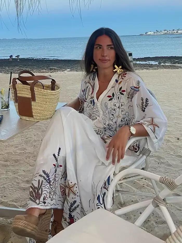 Jupe Maxi Brodée à Manches Chauve-Souris en Coton Blanc, Organisme Marin, Ensemble de Robe à Glands,