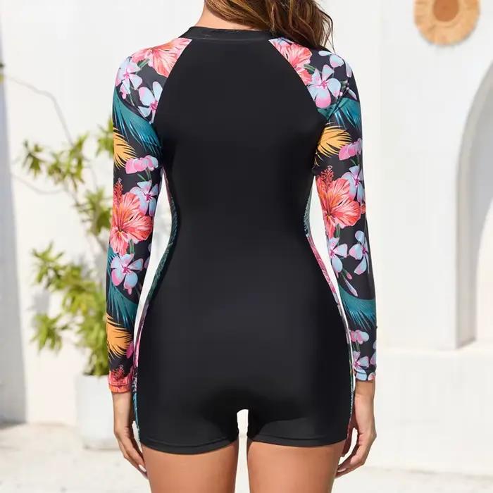 Fermeture éclair noir une pièce maillots de bain fermé à manches longues maillots de bain pour le sp
