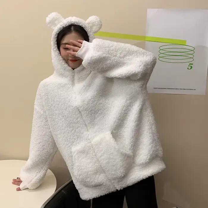 Sweat à capuche zippé en fausse fourrure pour femme, sweats à capuche doux avec oreilles d'ours en p