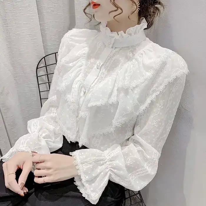 Manches longues lâche printemps mode bouton chemise blanche élégant col montant plissé hauts décontr