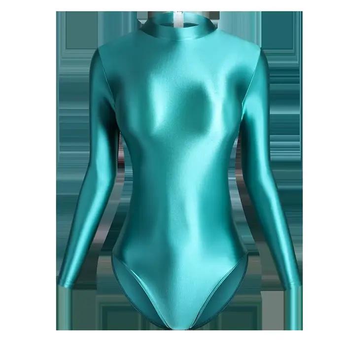 Maillot de bain une pièce en Satin brillant japonais, Sexy, dos serré, fermeture éclair, coupe haute