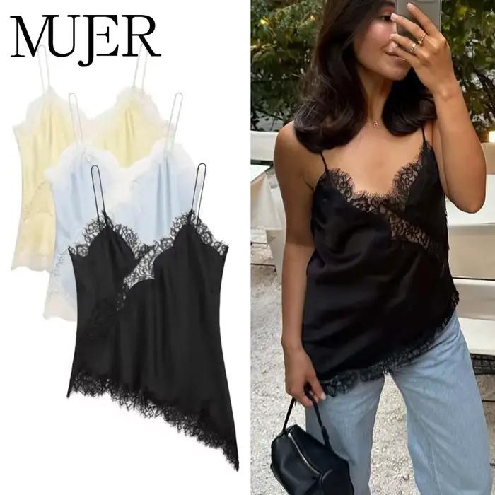 MUJER femmes hauts noir dentelle haut femme Sexy dos nu hauts pour femmes Camisole hauts sans manche