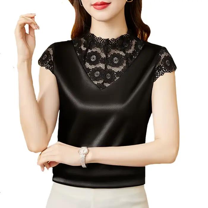 M-4XL Élégant Manches Courtes Dentelle Chemise De Mode Patchwork injSatin précieux Top D'été Casual