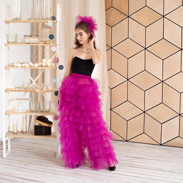 Pantalon en maille de tulle pour femme, pantalon à volants multicouches pour femme, taille haute, te