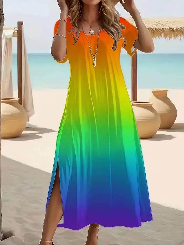 Robe d'été élégante grande taille, col en v, imprimé papillon, ourlet fendu, manches courtes, mode f