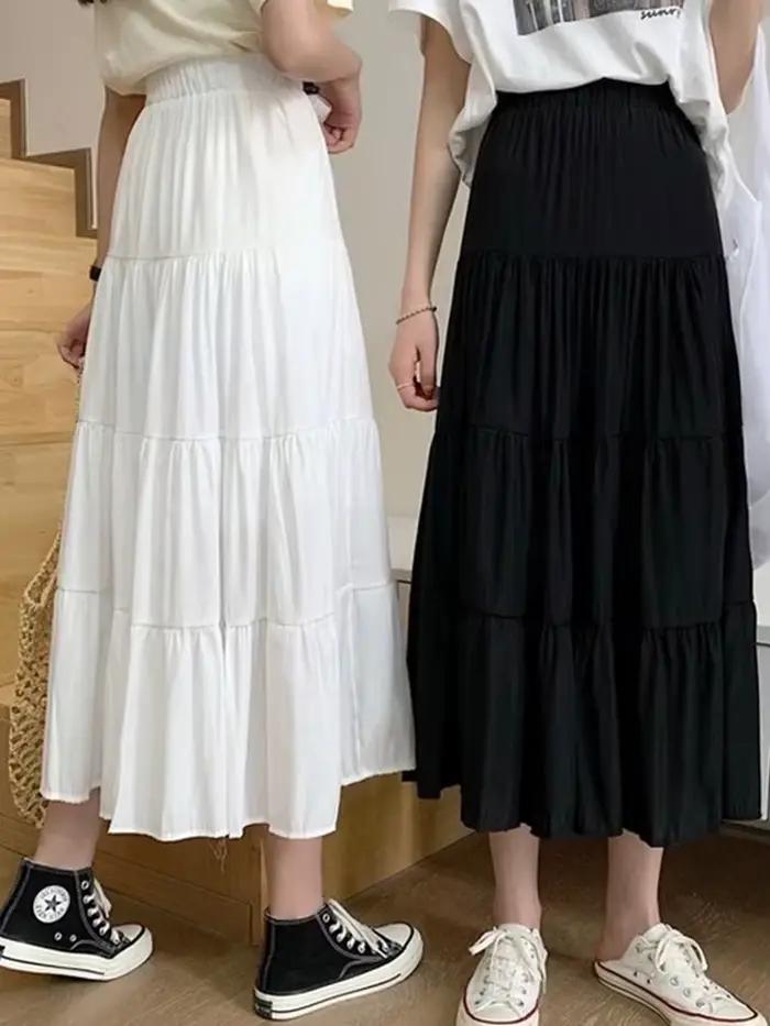 Jupe trapèze en mousseline de soie pour femme, vintage, taille haute, élastique, patchwork, blanc, n