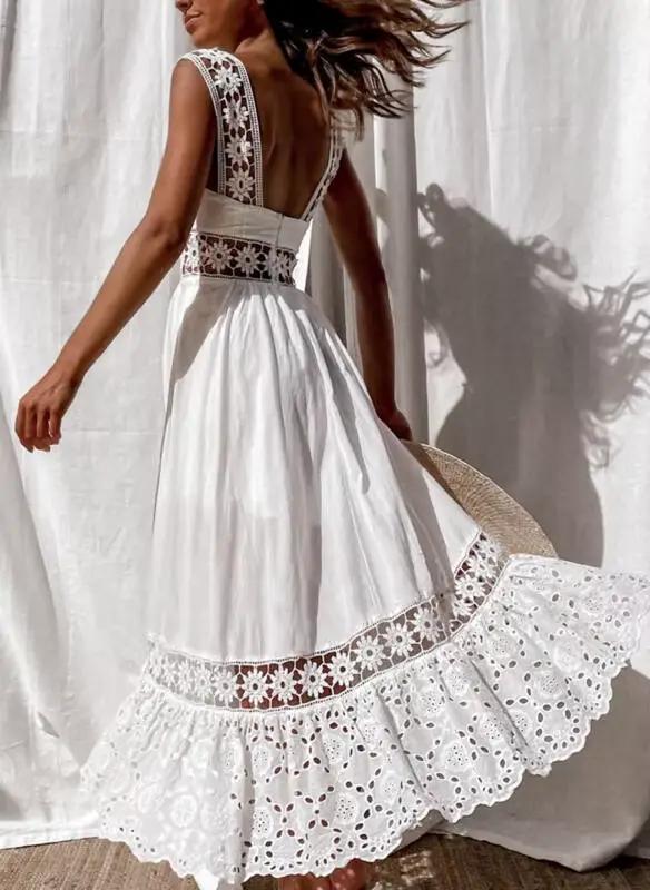 Robe femme blanc évider coton robe d'été dentelle sans manches longue épissage été fête élégante soi