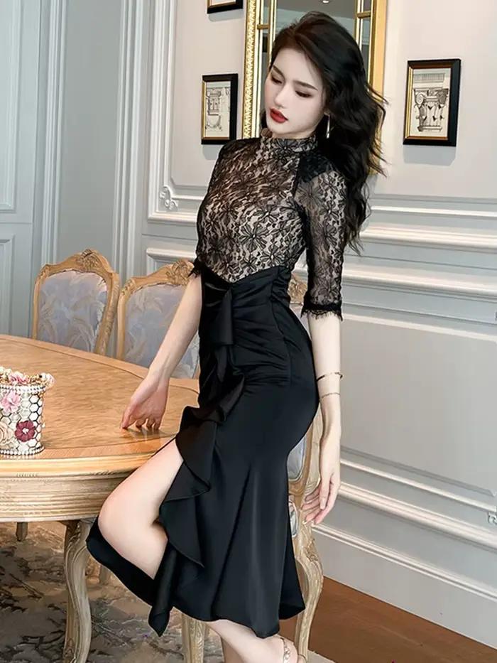 Robe mi-longue de Style rétro pour femmes, noire, dentelle transparente épissée, Satin, à volants, f