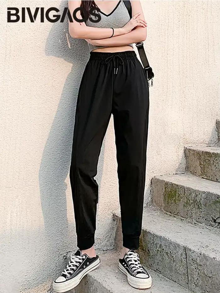 BIVIIncome-Pantalon de survêtement noir décontracté Ice InjSports pour femme, pantalon de jogging, s