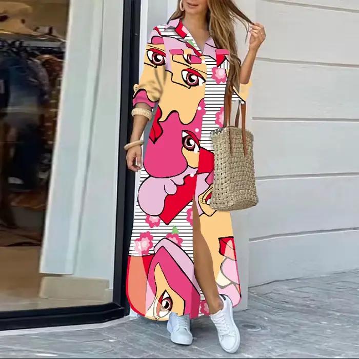 Robe chemise imprimée à col rabattu pour femmes, robes maxi élégantes, robe d'été à manches longues,