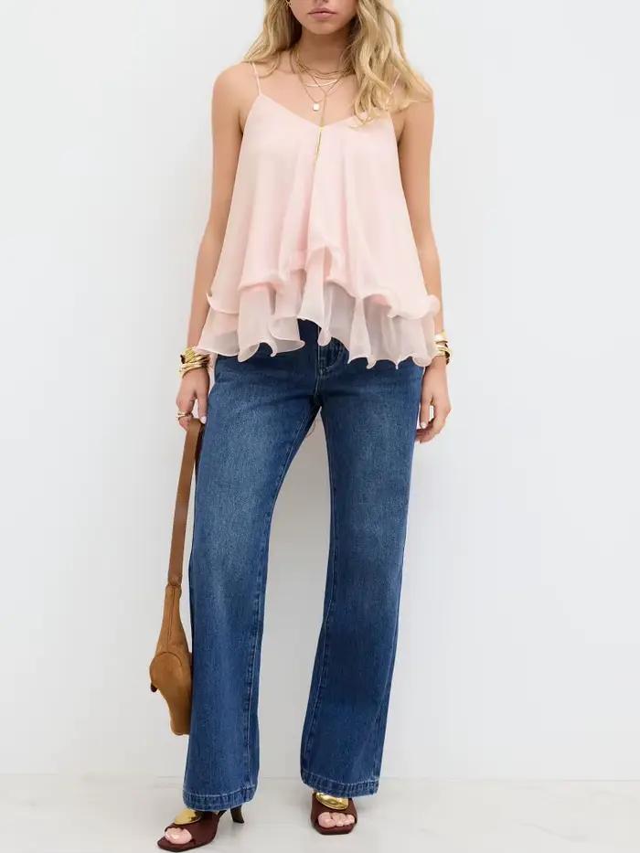 Haut superposé pour femme, style décontracté, épaules dénudées, dos nu, couleur unie, avec volants,