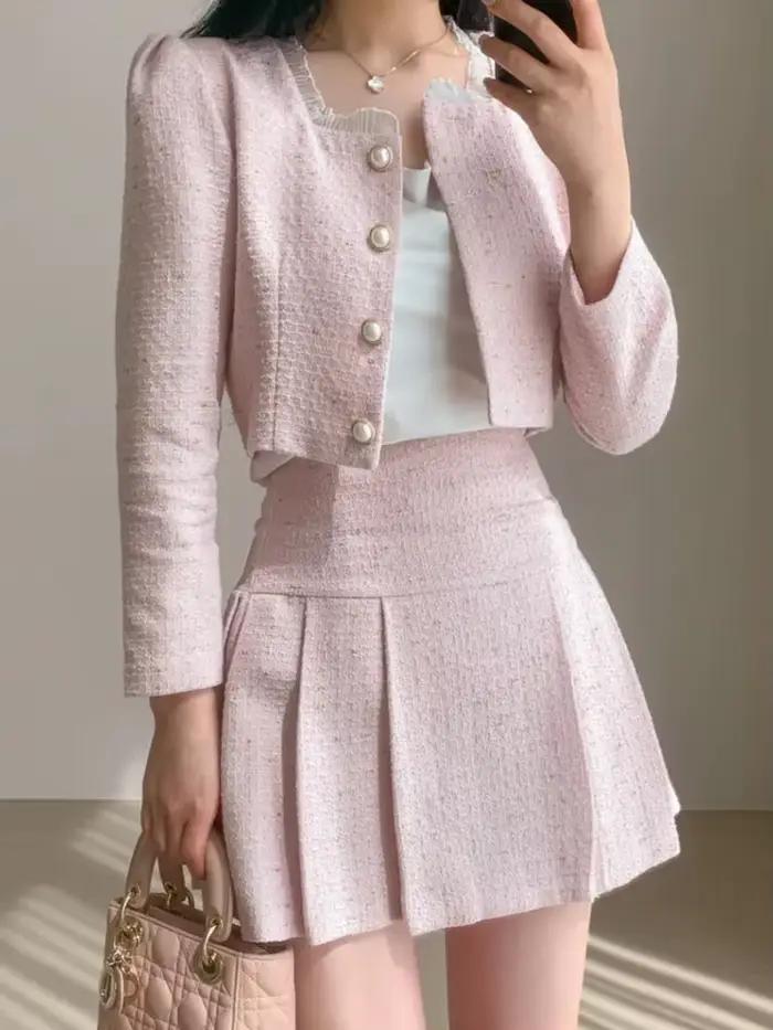 Ensemble deux pièces parfumé pour femme, veste courte, manteau et jupe, châssis, petite tenue, haute