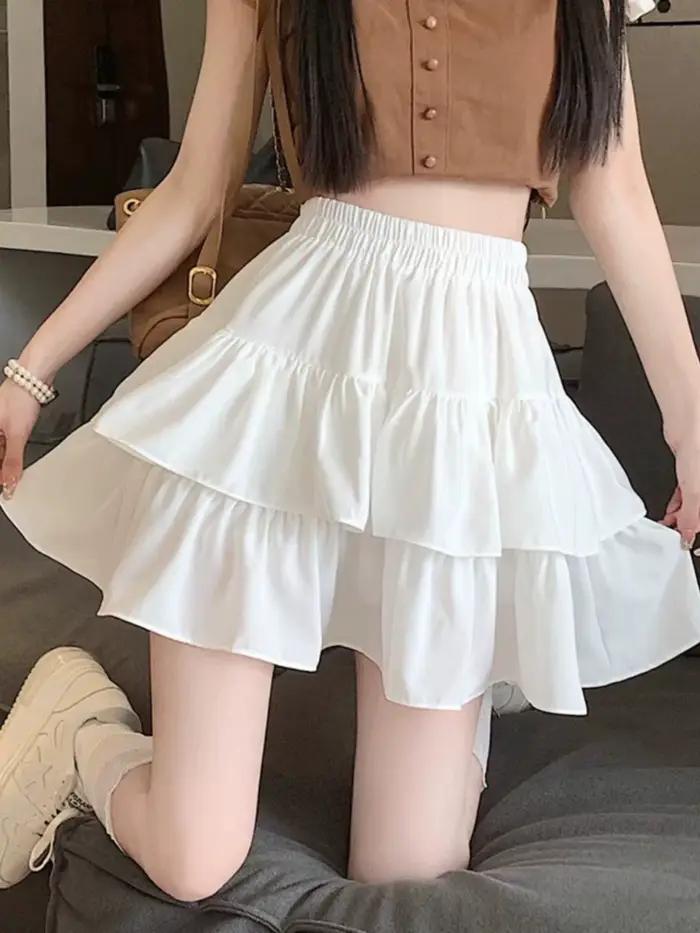 Jupe Courte Évasée Kawaii d'Été, Adorable et Coquette, Taille Haute, Volants, Patchwork, Style Lolit