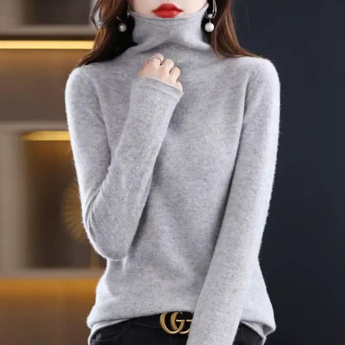 Pull en laine mérinos 100% pour femme, pull à col pileux, en cachemire, décontracté, manches longues